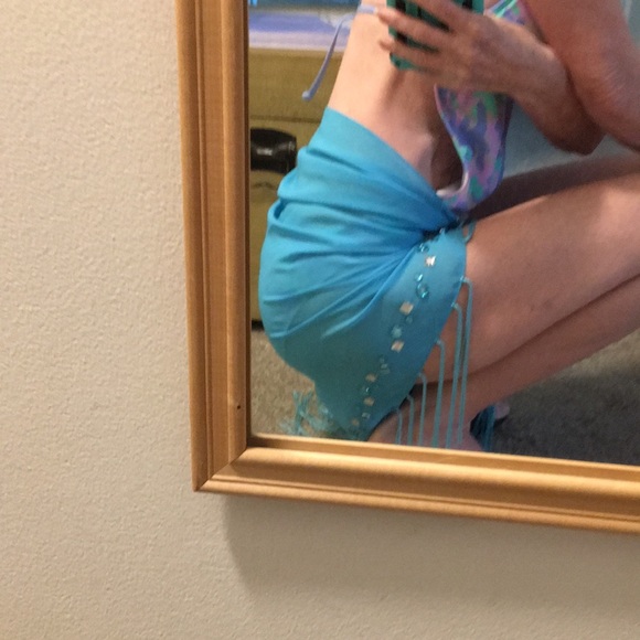 NWOT Turquoise blue with bling:gems & fringe scarves/sarongs- OS ZUMBA DANCE - Picture 2 of 5